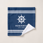 ネイビー航海のブルーとホワイトストライプ名前をカスタムする バスタオルセット (ウォッシュタオル)