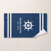 ネイビー航海のブルーとホワイトストライプ名前をカスタムする バスタオルセット (ハンドタオル)