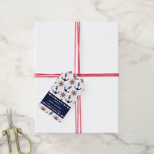 ネイビー航海のブルーと赤いかりの舵パターン ギフトタグ (より糸付き)