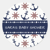 ネイビー航海のブルーと赤いかりの舵パターン ラウンドシール (正面)