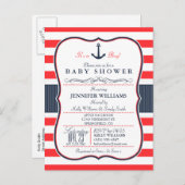 ネイビー航海のブルーと赤ベビーシャワー招待状 インビテーションポストカード (正面/裏面)