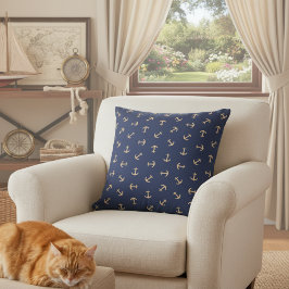 ネイビー航海のブルーと金ゴールドいかりパターンソファ クッション