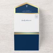 ネイビー航海のブルーと金ゴールドいかりベビーシャワー オールインワン招待状 (外側)