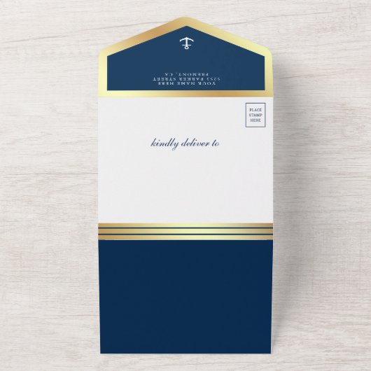 ネイビー航海のブルーと金ゴールドいかりベビーシャワー オールインワン招待状 (外側)