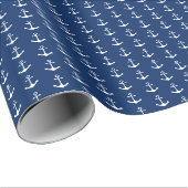 ネイビー航海のブルーの背景に白いいかり ラッピングペーパー (ロールコーナー)