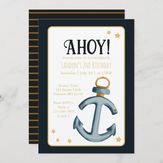 ネイビー航海のブルーアホイ誕生日 招待状 (正面/裏面)