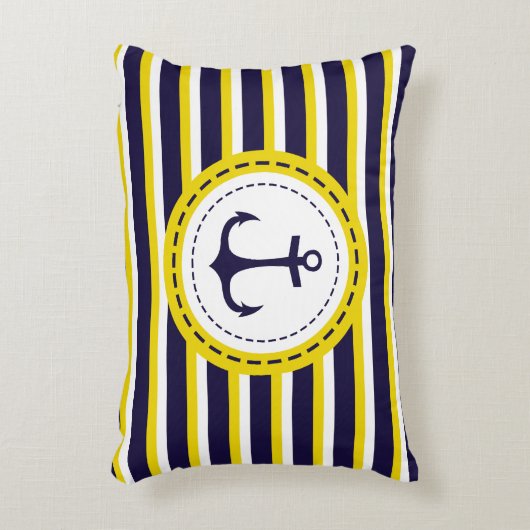 ネイビー航海のブルーイエローストライプいかりデザイン アクセントクッション (正面(垂直))