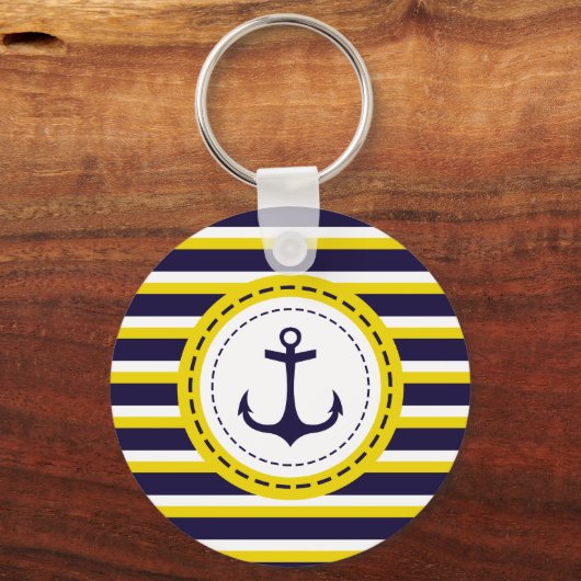 ネイビー航海のブルーイエローストライプいかりデザイン キーホルダー (正面)