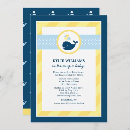 ネイビー航海のブルーイエローホエールボーイ赤ちゃんシャワー 招待状 (正面/裏面)