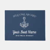 ネイビー航海のブルーウェルカムアボードいかりボート名 ドアマット (正面)