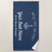 ネイビー航海のブルーウェルカムアボードいかりボート名 ビーチタオル (正面)