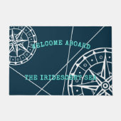 ネイビー航海のブルーウェルカムアボードコンパスバラ ドアマット (正面)