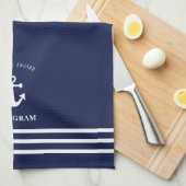 ネイビー航海のブルーウェルカムクアボードボートネームいかり キッチンタオル (四つ折り)