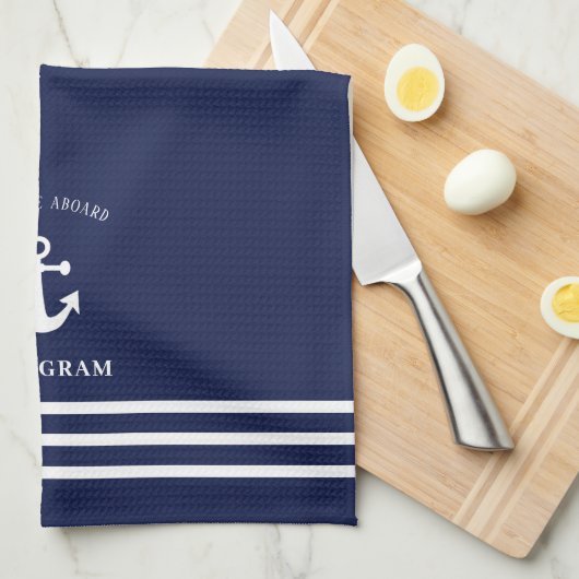 ネイビー航海のブルーウェルカムクアボードボートネームいかり キッチンタオル (四つ折り)