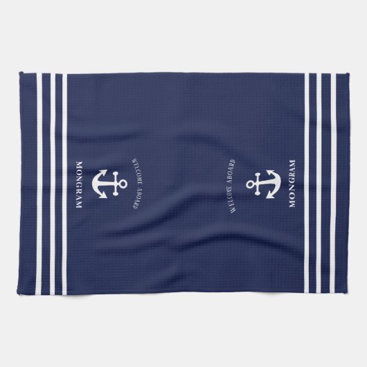 ネイビー航海のブルーウェルカムクアボードボートネームいかり キッチンタオル (横)