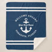 ネイビー航海のブルーウェルカムクアボードボートネームいかり シェルパブランケット (正面)