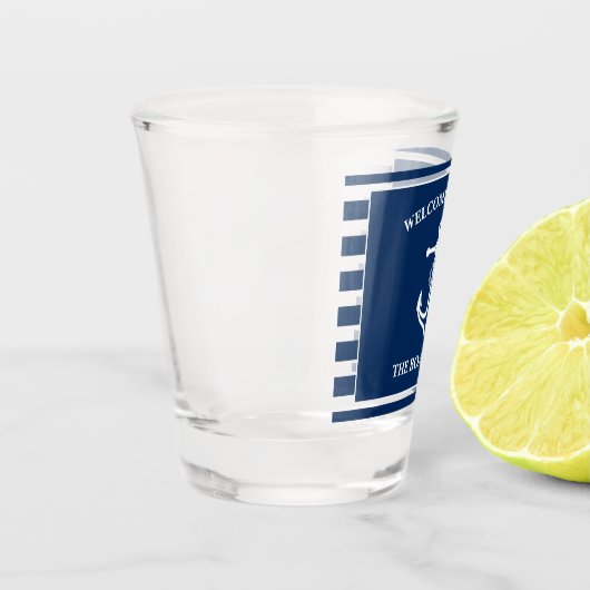 ネイビー航海のブルーウェルカムクアボードボートネームいかり ショットグラス (左)
