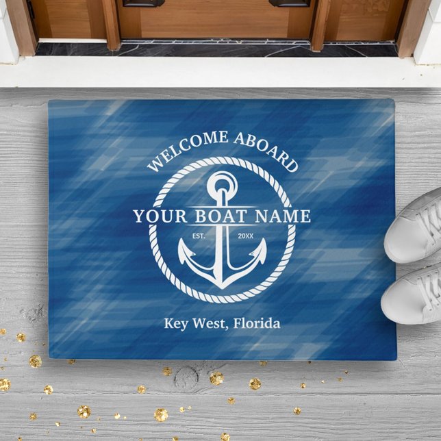 ネイビー航海のブルーウェルカムクアボードボートネームいかり ドアマット (Nautical Navy Blue Welcome Aboard Boat Name Anchor Doormat)