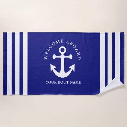 ネイビー航海のブルーウェルカムクアボードボートネームいかり ビーチタオル (正面)