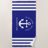 ネイビー航海のブルーウェルカムクアボードボートネームいかり ビーチタオル (正面)