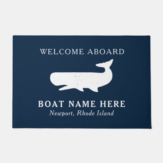 ネイビー航海のブルーウェルカムクルーズボート名Whale ドアマット (正面)
