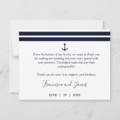 ネイビー航海のブルーエレガントいかり結婚の写真 サンキューカード (裏面)