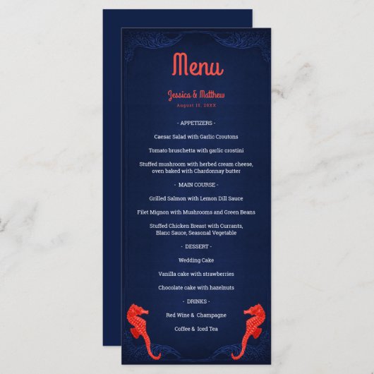 ネイビー航海のブルーコーラルシーホースビーチ結婚式 メニュー (正面/裏面)