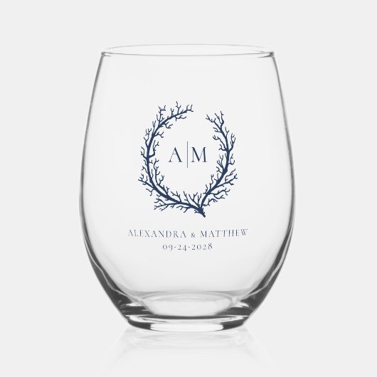 ネイビー航海のブルーコーラルリーフモノグラム結婚ズ ステムなしワイングラス (正面)