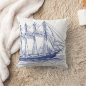 ネイビー航海のブルーシップ・スクーナー船 クッション (ブランケット)