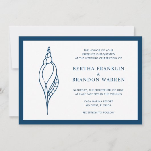 ネイビー航海のブルーシーシェルビーチエレガントウェディング 招待状 (正面)