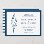 ネイビー航海のブルーシーシェルビーチエレガントウェディング 招待状 (正面/裏面)