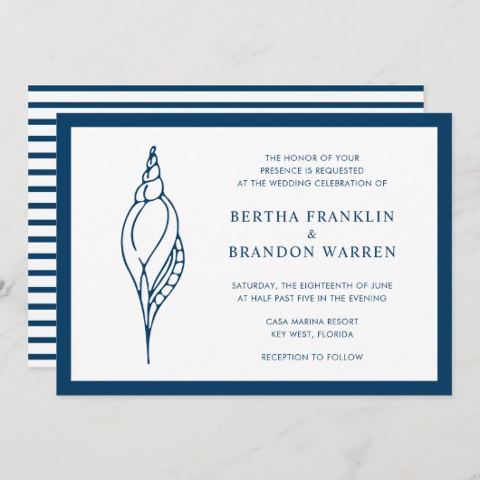 ネイビー航海のブルーシーシェルビーチエレガントウェディング 招待状 (正面/裏面)