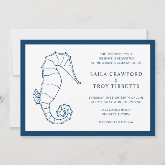 ネイビー航海のブルーシーホースビーチエレガントな結婚式 招待状 (正面)