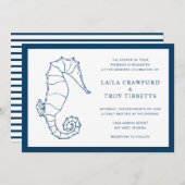 ネイビー航海のブルーシーホースビーチエレガントな結婚式 招待状 (正面/裏面)