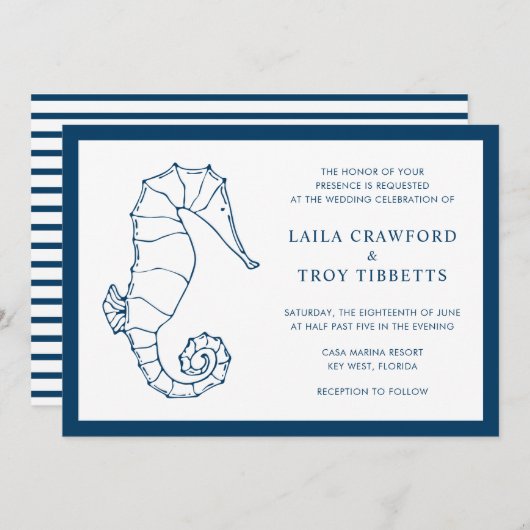 ネイビー航海のブルーシーホースビーチエレガントな結婚式 招待状 (正面/裏面)