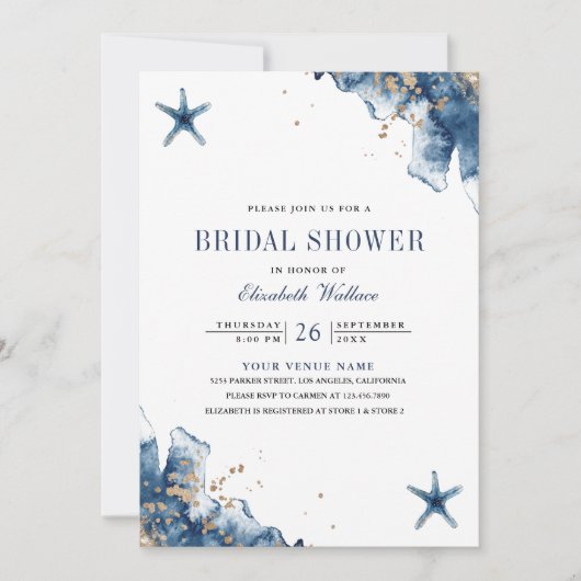 ネイビー航海のブルースターフィッシュ写真ブライダルシャワー 招待状 (正面)