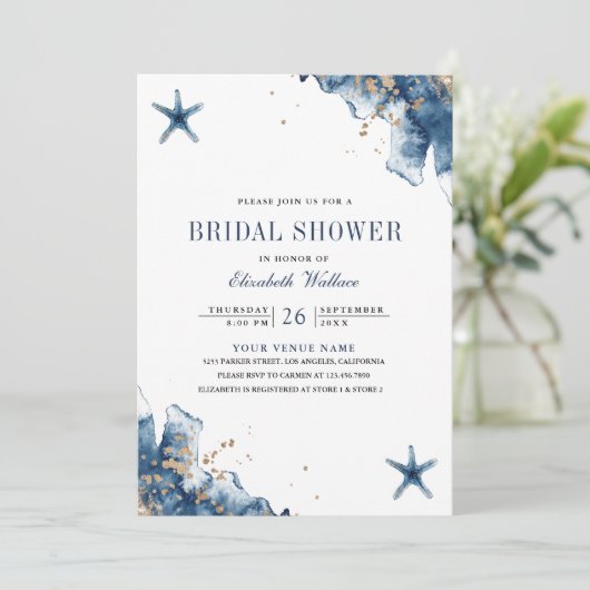 ネイビー航海のブルースターフィッシュ写真ブライダルシャワー 招待状 (スタンド正面)