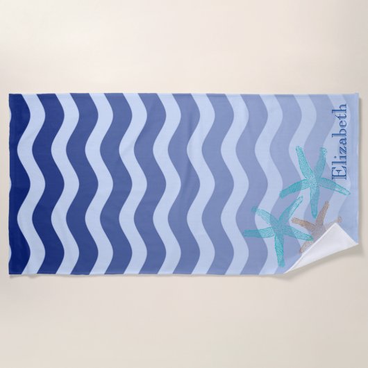 ネイビー航海のブルーストライプウェーブスターフィッシュ ビーチタオル (正面)