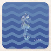 ネイビー航海のブルーストライプウェーブズシーホース スクエアペーパーコースター (正面)