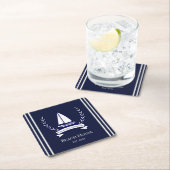 ネイビー航海のブルーセーリングボート沿岸モノグラムの スクエアペーパーコースター (インサイチュ)