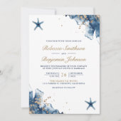 ネイビー航海のブルーヒトデ写真QRコード結婚ズ 招待状 (正面)