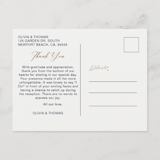 ネイビー航海のブルービーチ結婚式写真ありがとう ポストカード (裏面)