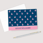 ネイビー航海のブルーピンクホエールパターン名前をカスタムする ノートカード