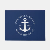 ネイビー航海のブルーファミリーネームいかりビーチハウス ドアマット (正面)