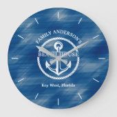 ネイビー航海のブルーファミリーネームいかりビーチハウス ラージ壁時計 (正面)