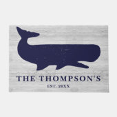 ネイビー航海のブルーファミリーネームホエールバケーションホーム ドアマット (正面)