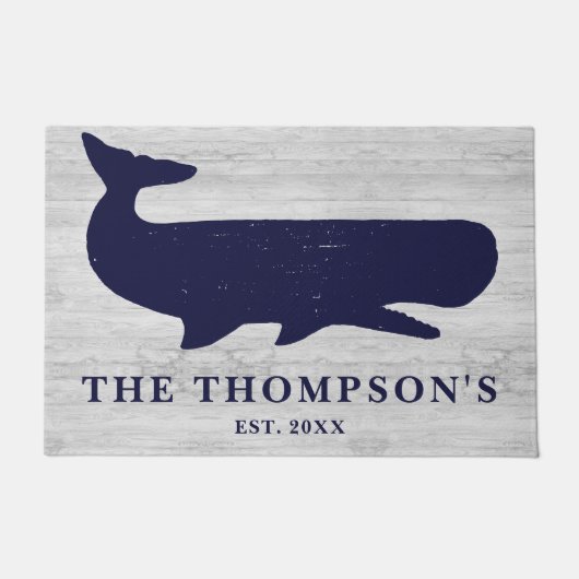 ネイビー航海のブルーファミリーネームホエールバケーションホーム ドアマット (正面)