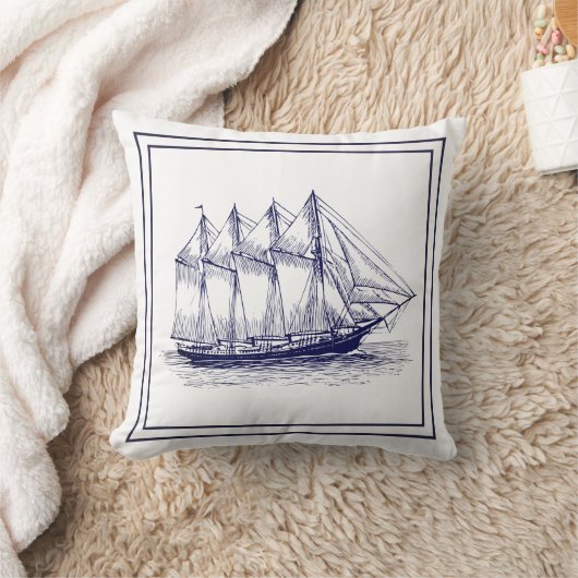 ネイビー航海のブルーフレーム&ヴィンテージスクーナー船 クッション (ブランケット)