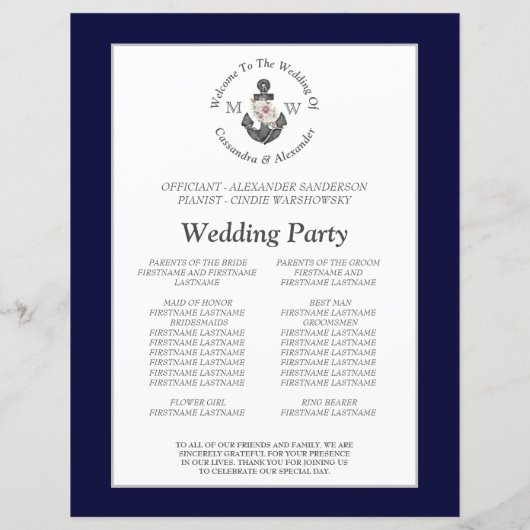 ネイビー航海のブルーフローラいかり結婚式プログラム (裏面)