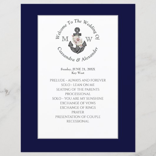 ネイビー航海のブルーフローラいかり結婚式プログラム (正面)